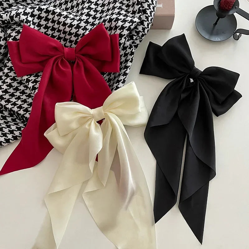 Korean Accessories Hair Clips for Women Girls Big Bowknot Solid Satin Long Ribbon Bows Spring Clamp Barette Cheveux Femme 2023 Beauty World Shop
