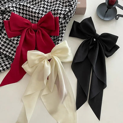 Korean Accessories Hair Clips for Women Girls Big Bowknot Solid Satin Long Ribbon Bows Spring Clamp Barette Cheveux Femme 2023 Beauty World Shop