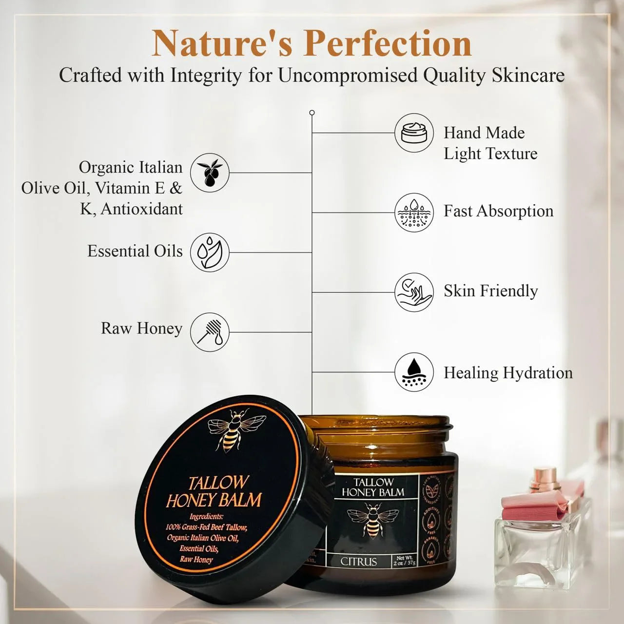 Organic Grass-Fed Beef Tallow Balm with Raw Honey - Moisturizing Cream for Soft, Smooth Skin - Handmade All-Natural Moisturizer Beauty Trend Shop