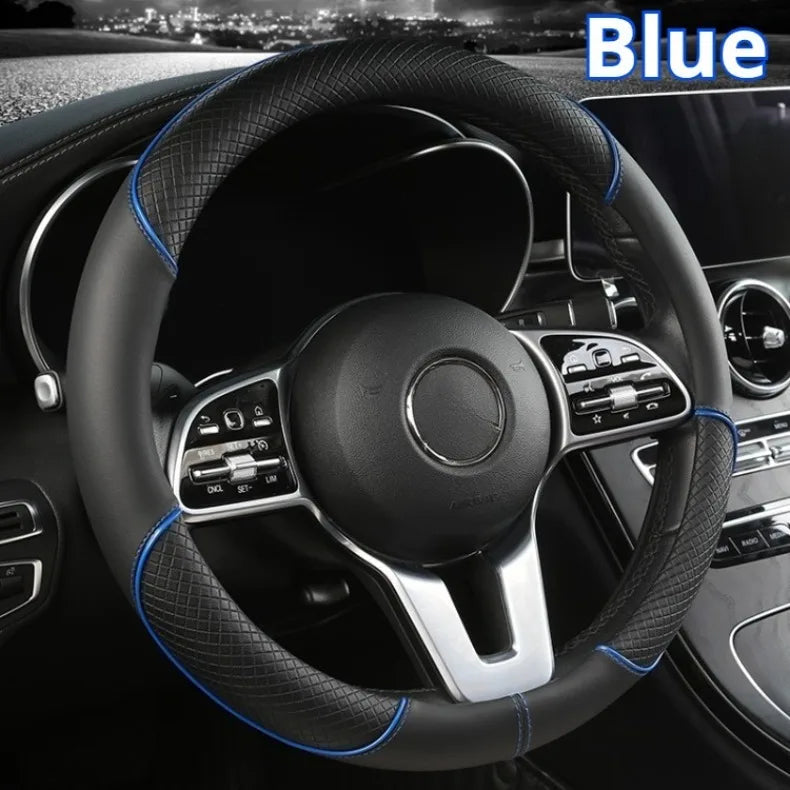 All Seasons Leather Diamond Steering Wheel Cover Universal Fit for 14 .5-15 Inch Durable Leather Cover Anti-Slip Veins Design Beauty World Shop
