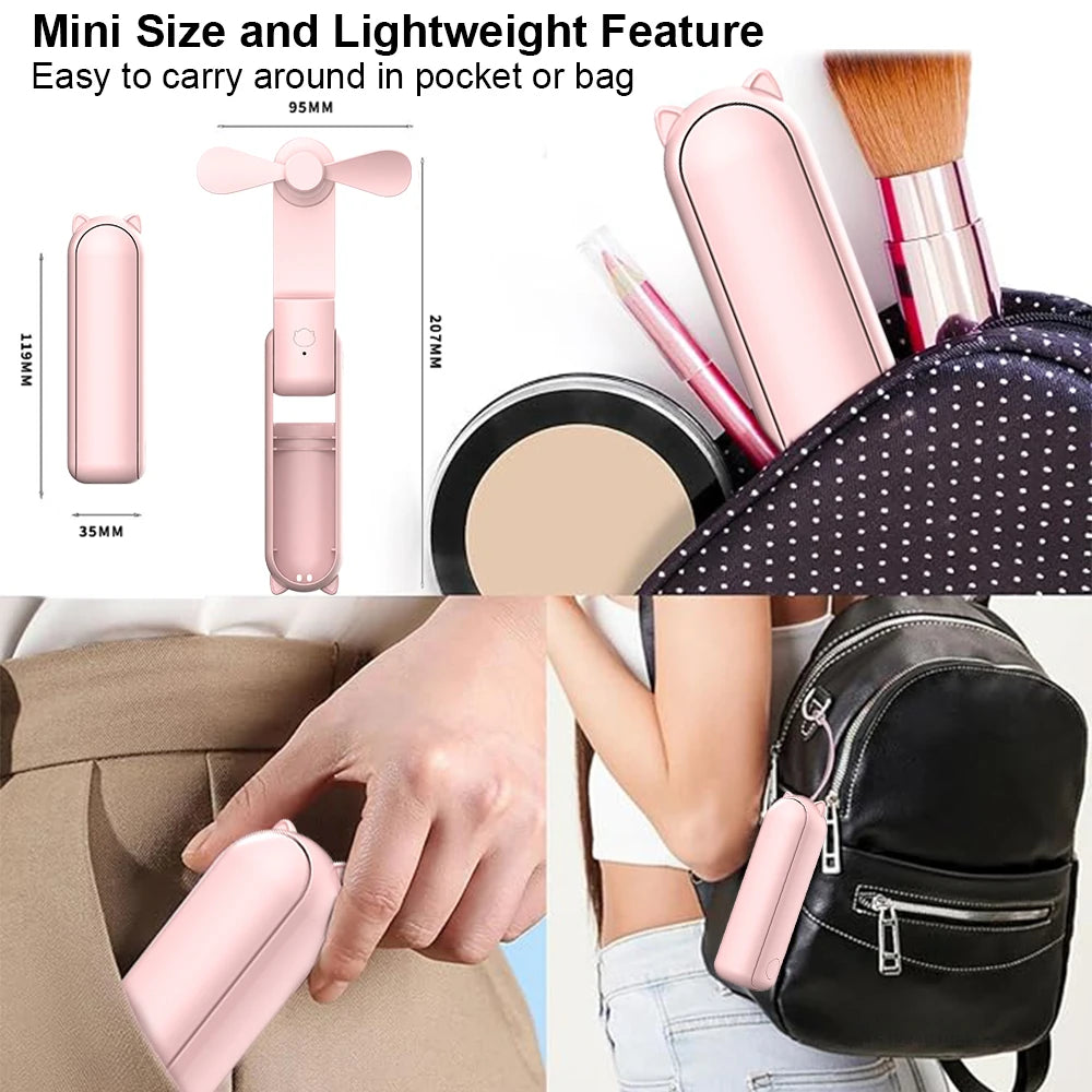 Portable Fan 2000mAh USB Rechargeable 3 Speed Mini Handheld Foldable Fan Hand Held Small Pocket Travel Fan with Handy Power Bank Beauty World Shop