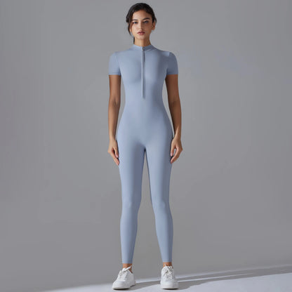 Naked zipper short sleeved yoga suit jumpsuit, quick drying breathable outdoor sports tight fitting jumpsuit, fitness suit Beauty World Shop