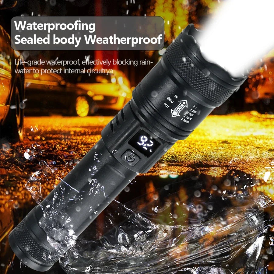 High Strong Power Led Flashlights 2000LM Tactical Torch with Display Light USB Charging Camping Fishing Emergency Zoom Lantern Beauty World Shop