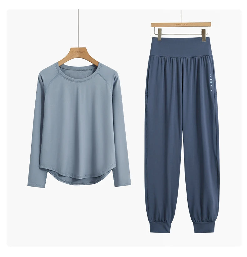 DRUR 2pcs Yoga Set Women Sports Pants Sets 2 Piece Sportswear Outfit Female Long Sleeve Fitness Top High Waist Sweatpants Suits Beauty World Shop