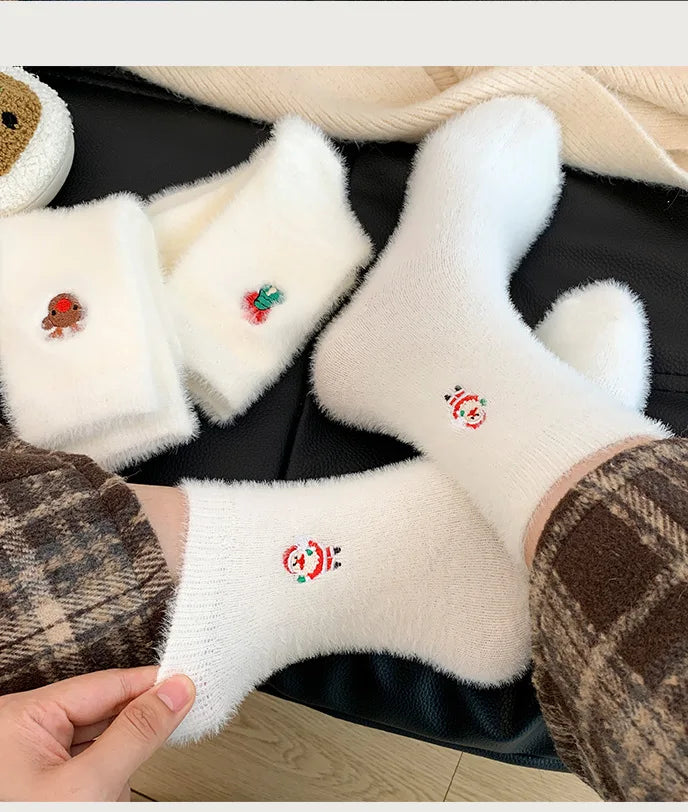 Autumn And Winter Socks, White Mink Fur Christmas Socks, Snowman Santa Claus Christmas Tree Elements, Thickened Warm Socks Beauty World Shop