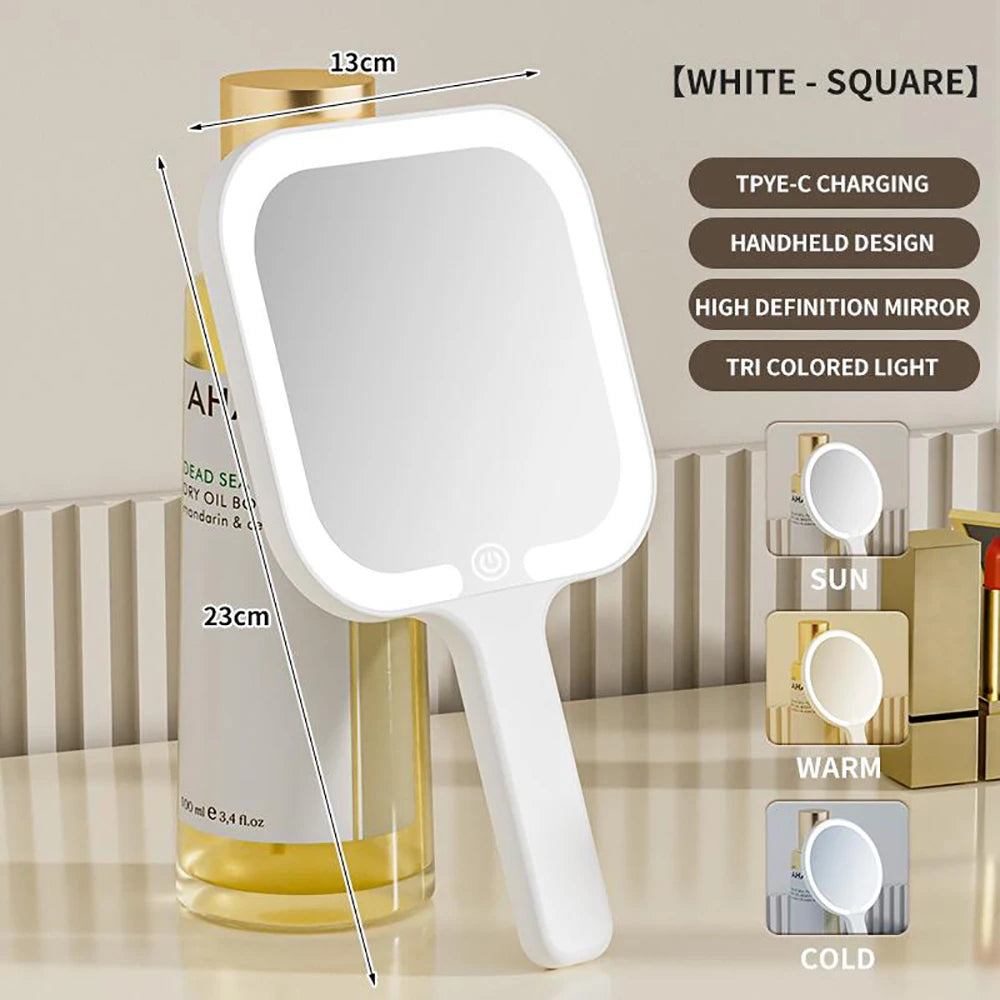 LED Smart Makeup Mirror Hand-held Carry 3 Colors Adjust Bright with Touch Screen Cosmetic Tabletop Vanty Mirror Travel Home Use Beauty World Shop