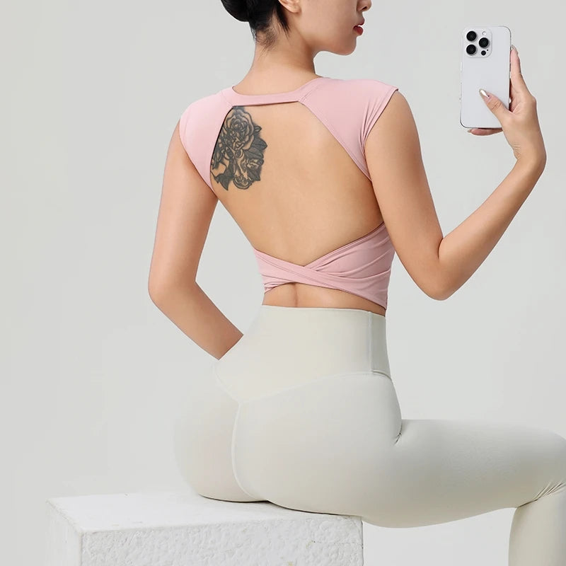 Sexy Short Backless Fixed Chest Pad Sports T-shirt Vest Women's Tight Fitting Quick Drying Slimming Yoga Suit Top Clothing Beauty World Shop