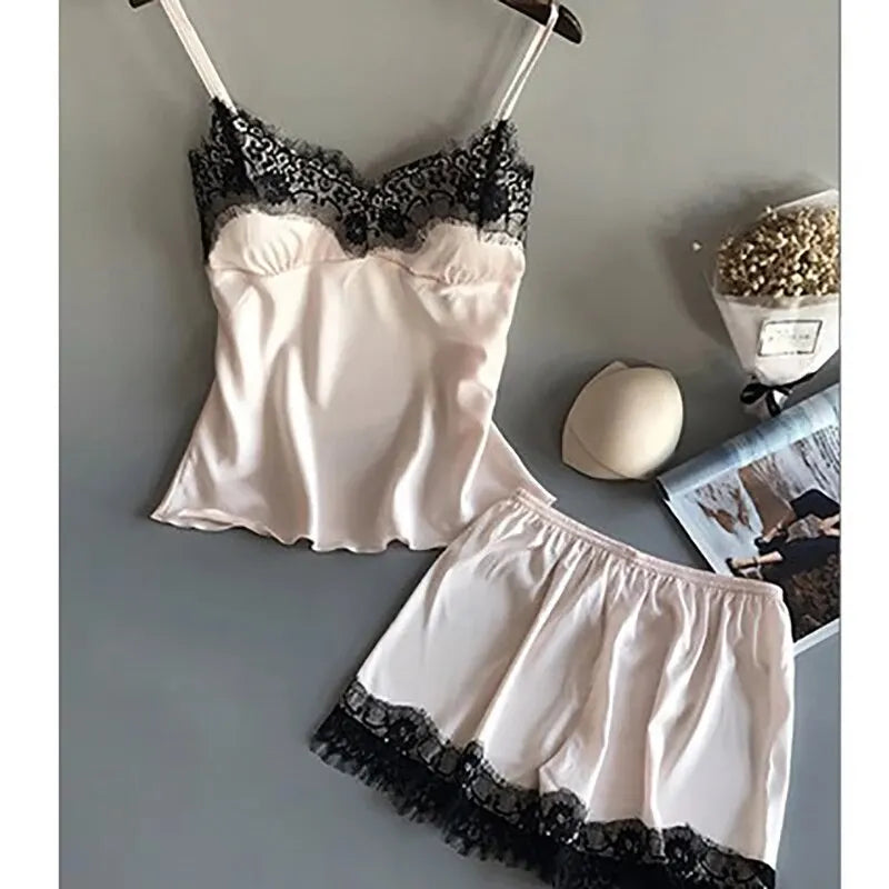Women Pajama Suit Fashion V-Neck Lace Sexy Lingerie Pyjamas Sleep Shorts Set Sleepwear New Beauty World Shop