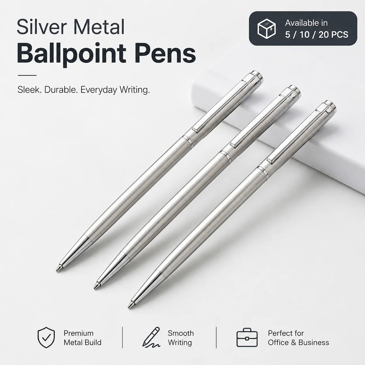5/10/20Pcs Stainless Steel Ballpoint Pens, Silver Metal Medium Nib Smooth Twist Writing Pens for Office School Beauty World Shop
