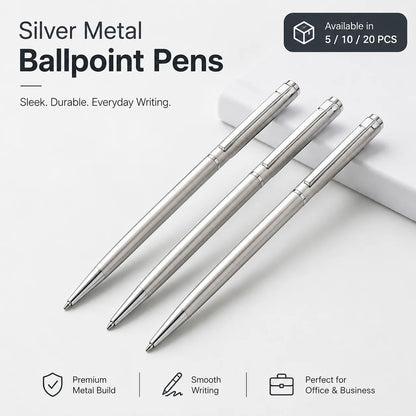 5/10/20Pcs Stainless Steel Ballpoint Pens, Silver Metal Medium Nib Smooth Twist Writing Pens for Office School Beauty World Shop