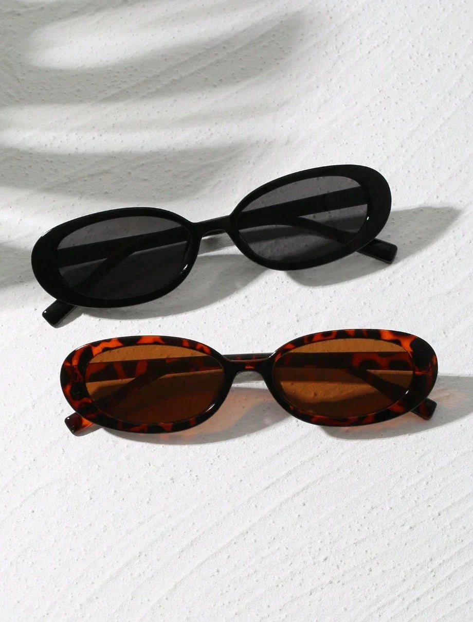2pcs Vintage Small Frame Oval Shaped Plastic Sunglasses Outdoor Travel Beach Holiday UV Protection Fashionable Shade Travel Beauty Trend Shop