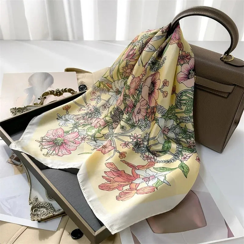 Luxury Print imitation Silk Square Scarf Women Spring Neck Tie Shawl Wraps Female Hair Hand Wrist Headkercheif Hijab Bandana Beauty World Shop
