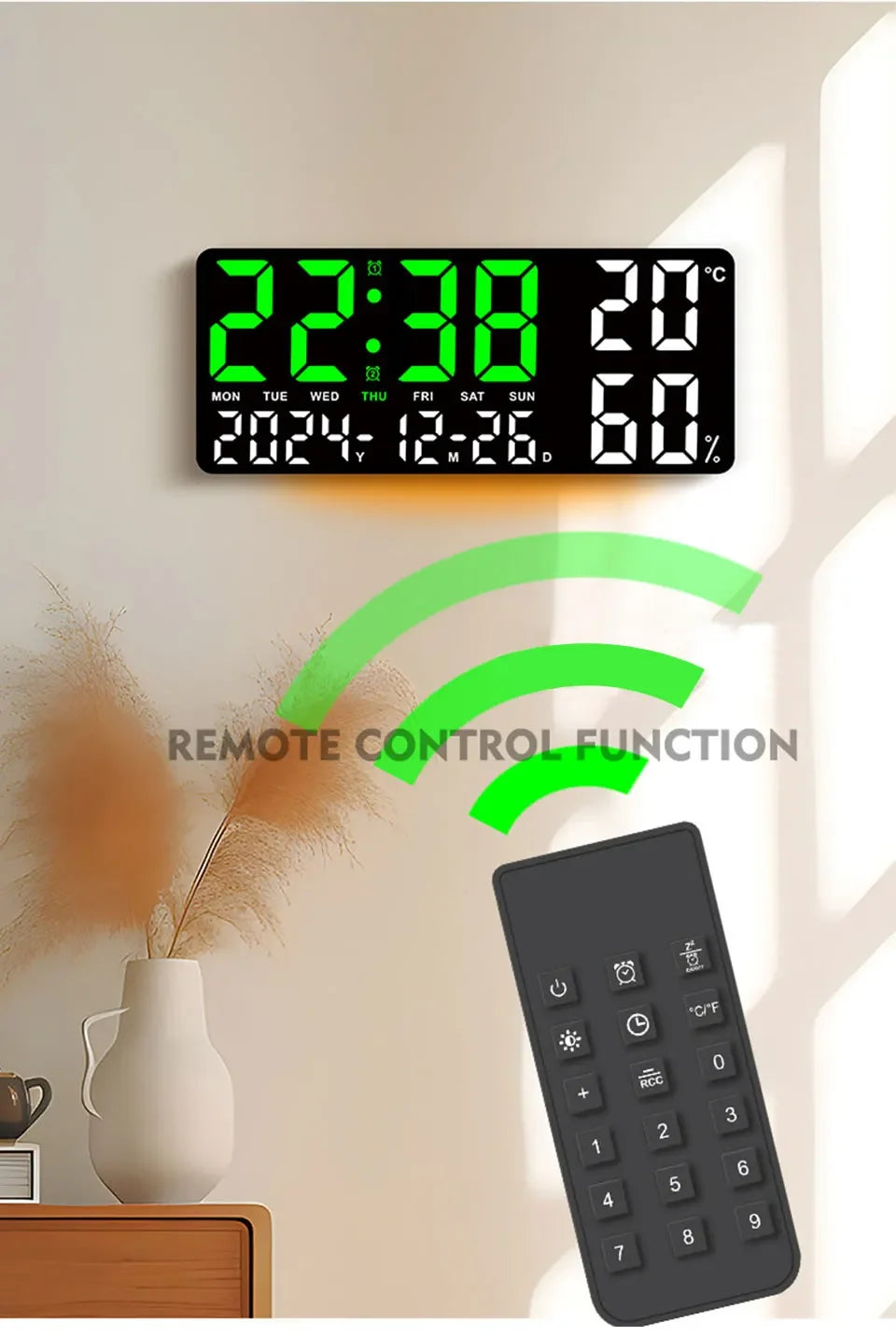 Digital Wall Clock with Atmosphere Lights Remote Control TEMP Humidity Display LED Large Table Clock Multifunctional Alarm Clock Beauty World Shop
