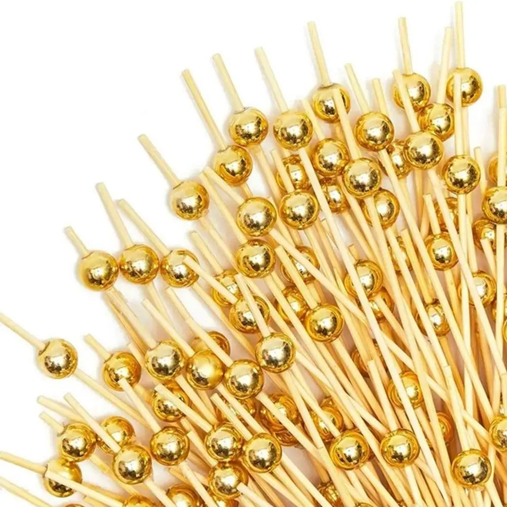 200/100/25Pcs Gold Pearl Cocktail Picks Food Fruit Picks Wedding Party Disposable Cake Dessert Cocktail Sticks Toothpick Skewer Beauty Trend Shop