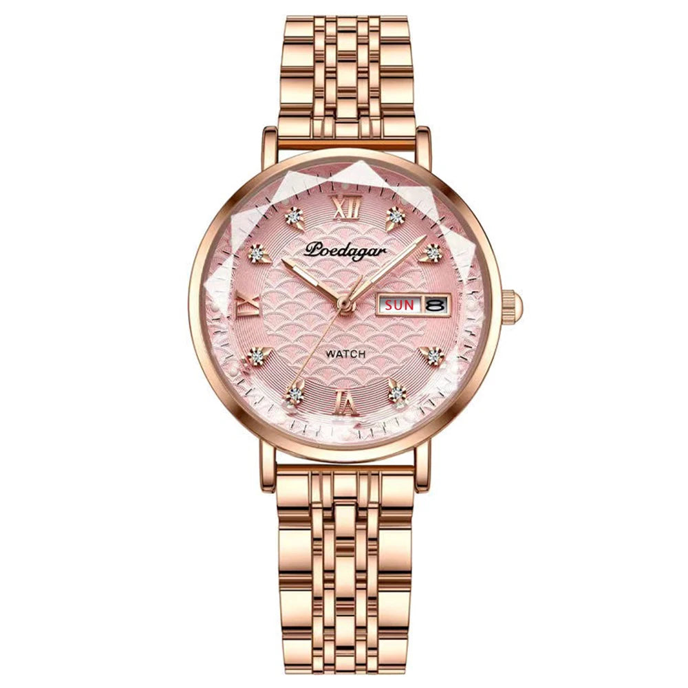 POEDAGAR Top Elegant Women's Watches Stainless Steel Date Week Woman Watch Waterproof Luminous Fashion Ladies Watch Quartz Reloj Beauty World Shop