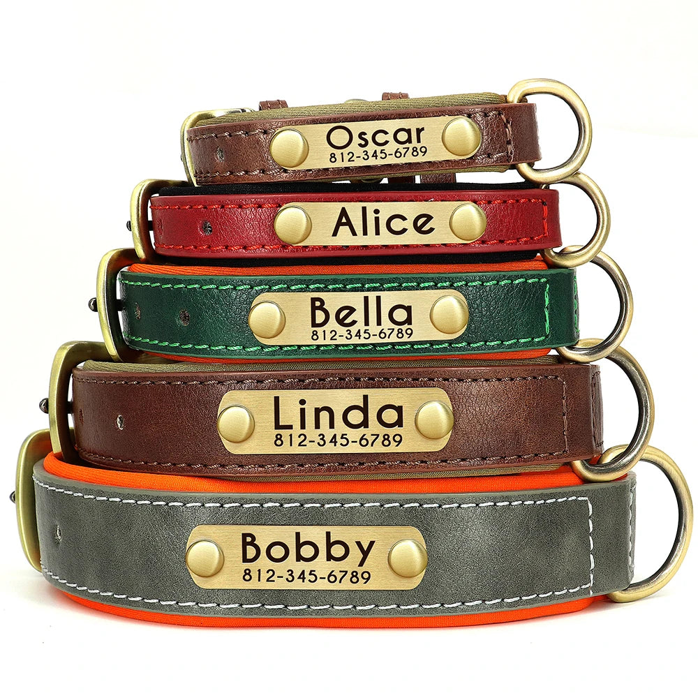 Customized PU Leather Nameplate Dog Collar Soft Padded Dogs Collars Free Engraving Name for Small Medium Large Dogs Adjustable Beauty World Shop