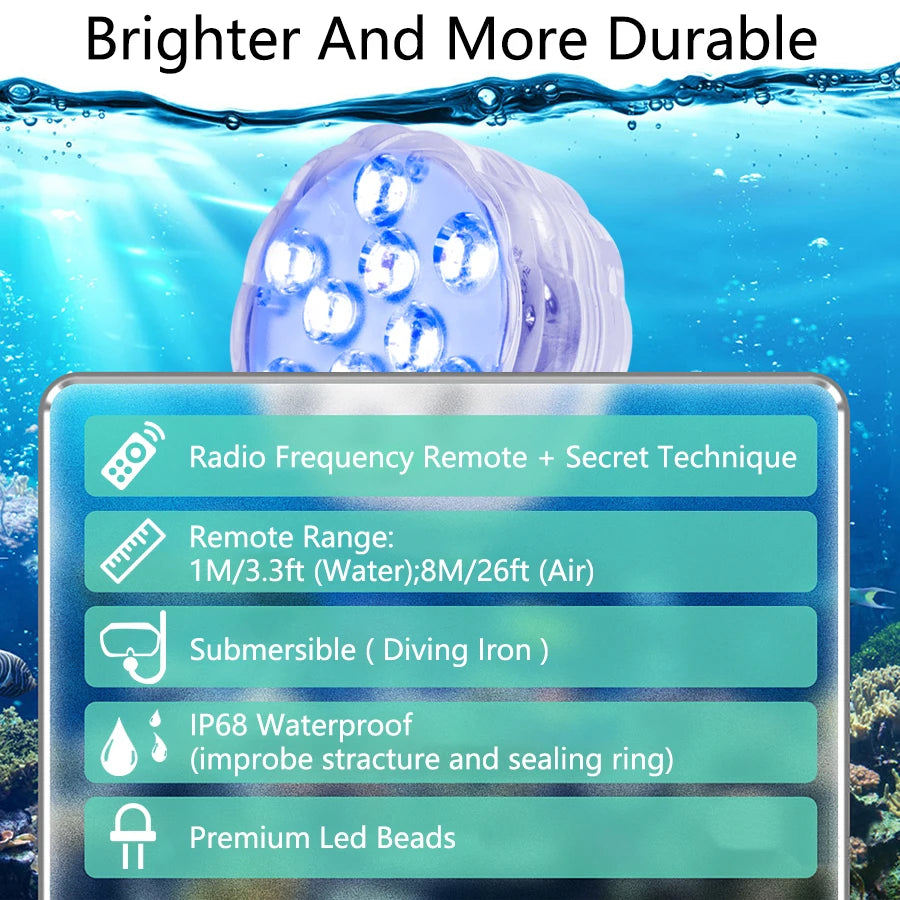 10 LED RGB Underwater Lights with Magnetic Suction Cups 16 Color Lights Fish Tank Pool Underwater Lighting Plant Grow Lights Beauty World Shop