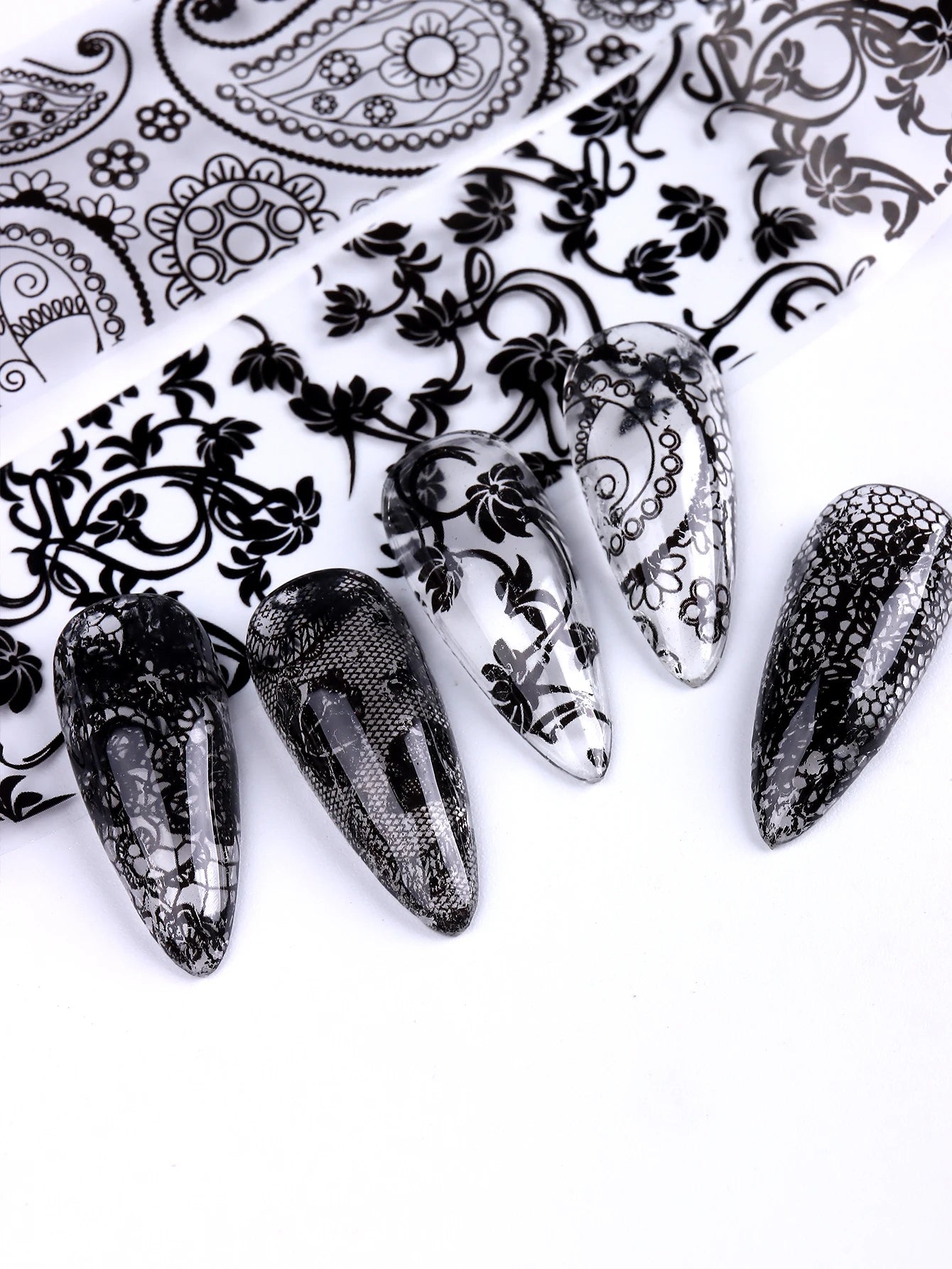 10 Sheets Lace Nail Foil White & Black Nail Stickers Design Transfer Foils Starry Sky Paper Nail Art Foil Decals for Nails Salon Beauty World Shop