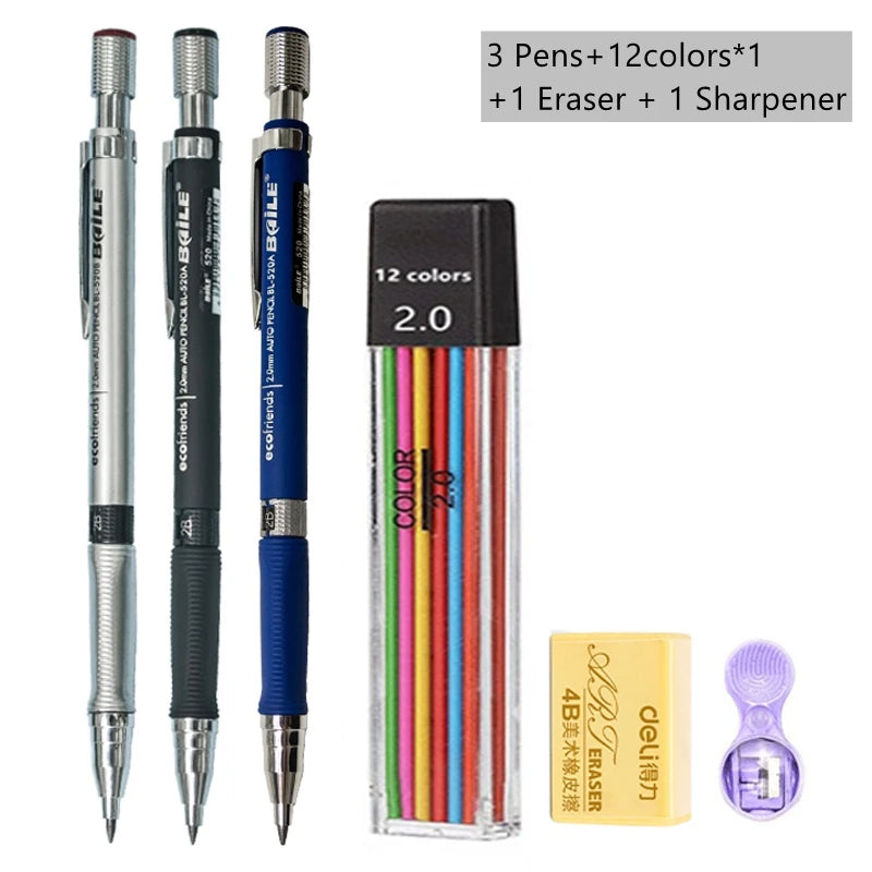 Mechanical Pencil Set 2.0 mm with 2B Black/Colors Lead Refill For Writing Sketching Art Drawing Painting School Automatic Pencil Beauty World Shop