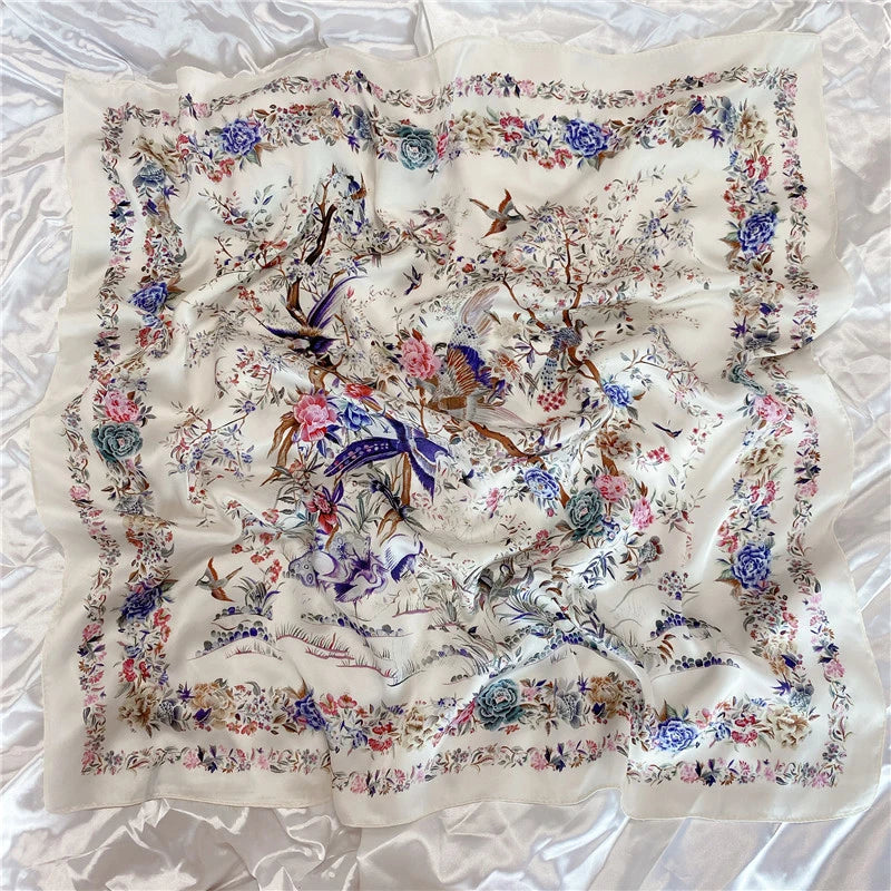 1PCS 70cm Leaf Pattern Silk Scarf for Women Simulated Silk Fresh and Versatile Headwear Bag Clothing Accessories Square Scarf Beauty World Shop