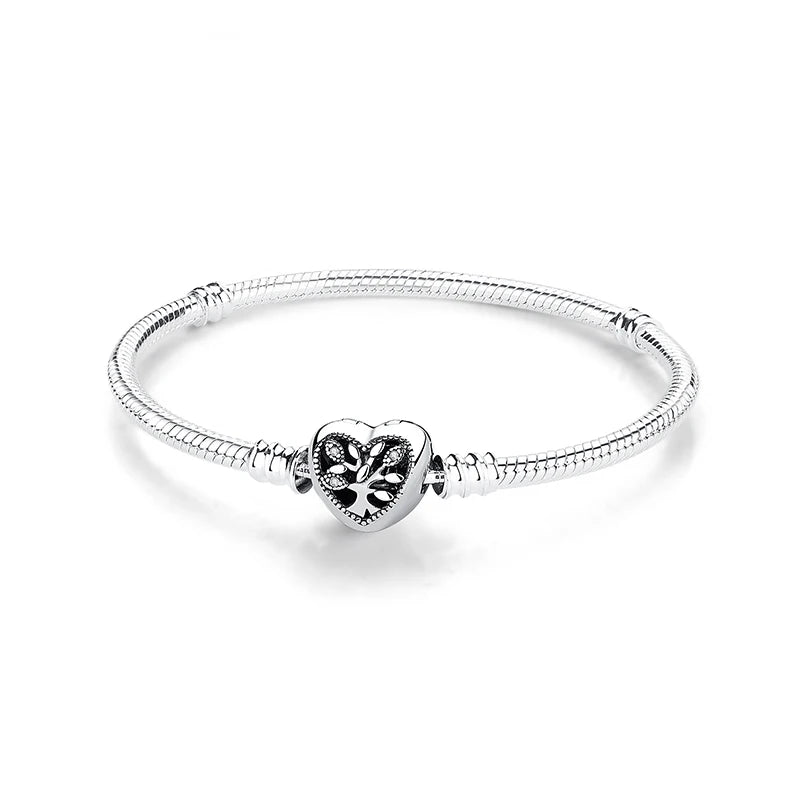 Original 925 Sterling Silver Bracelets Bangles Love Heart Clip Charms Beads Snake Chains For Women Rose Gold DIY Luxury Jewelry Beauty World Shop