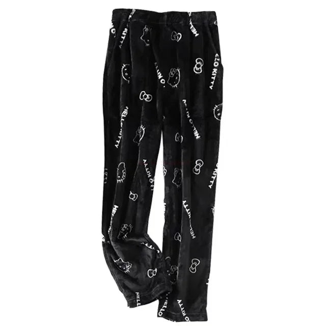 2024 Sanrio Hello Kitty Pajamas Halloween Flannel Fashion Trouserswomen Kawaii Woolen Anime Cartoon Casual Home Pants Autumn Beauty Fashion