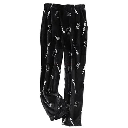 2024 Sanrio Hello Kitty Pajamas Halloween Flannel Fashion Trouserswomen Kawaii Woolen Anime Cartoon Casual Home Pants Autumn Beauty Fashion