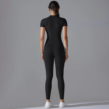 Naked zipper short sleeved yoga suit jumpsuit, quick drying breathable outdoor sports tight fitting jumpsuit, fitness suit Beauty World Shop