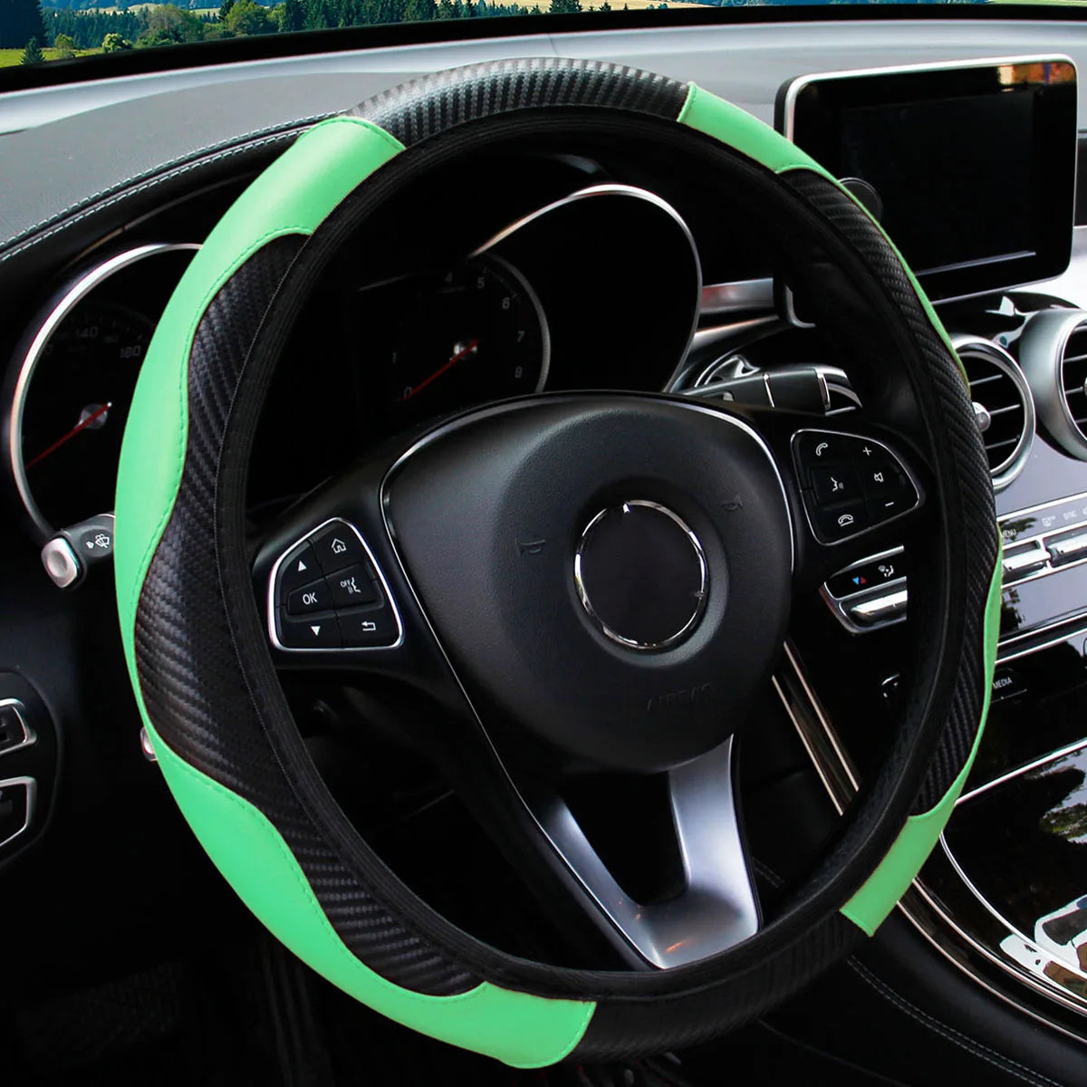 PU Carbon Fiber Leather Car Steering Wheel Cover without Inner Ring Suitable for 14.5-15 Inches of Automotive Supplies Beauty World Shop