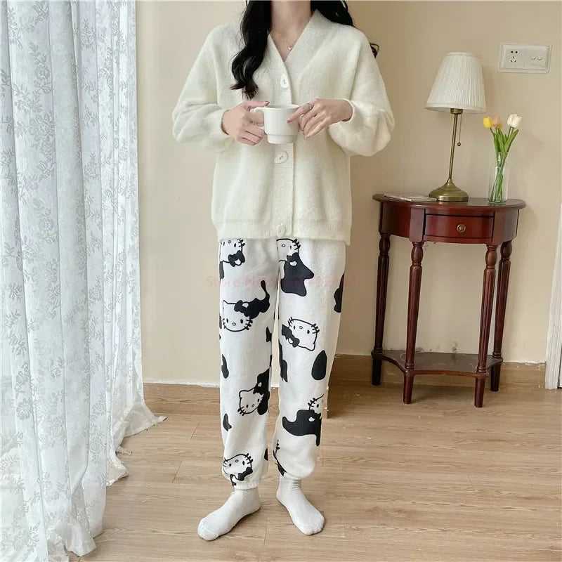 2024 Sanrio Hello Kitty Pajamas Halloween Flannel Fashion Trouserswomen Kawaii Woolen Anime Cartoon Casual Home Pants Autumn Beauty Fashion