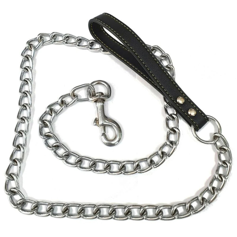 Metal Chain Dog Lead With Leather Style Handle Strong Control Leash Iron Dog Pets Supplies Collars Harnesses Beauty World Shop