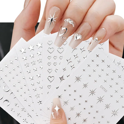 6 Sheets Metal Silver Nail Stickers Metallic 3D Star Nail Art Stickers Decals Self-Adhesive Nail Art Stickers Metal Chain Heart Beauty World Shop