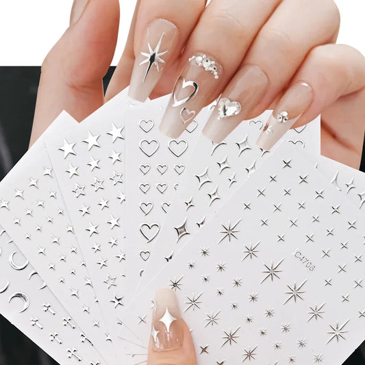 6 Sheets Metal Silver Nail Stickers Metallic 3D Star Nail Art Stickers Decals Self-Adhesive Nail Art Stickers Metal Chain Heart Beauty World Shop