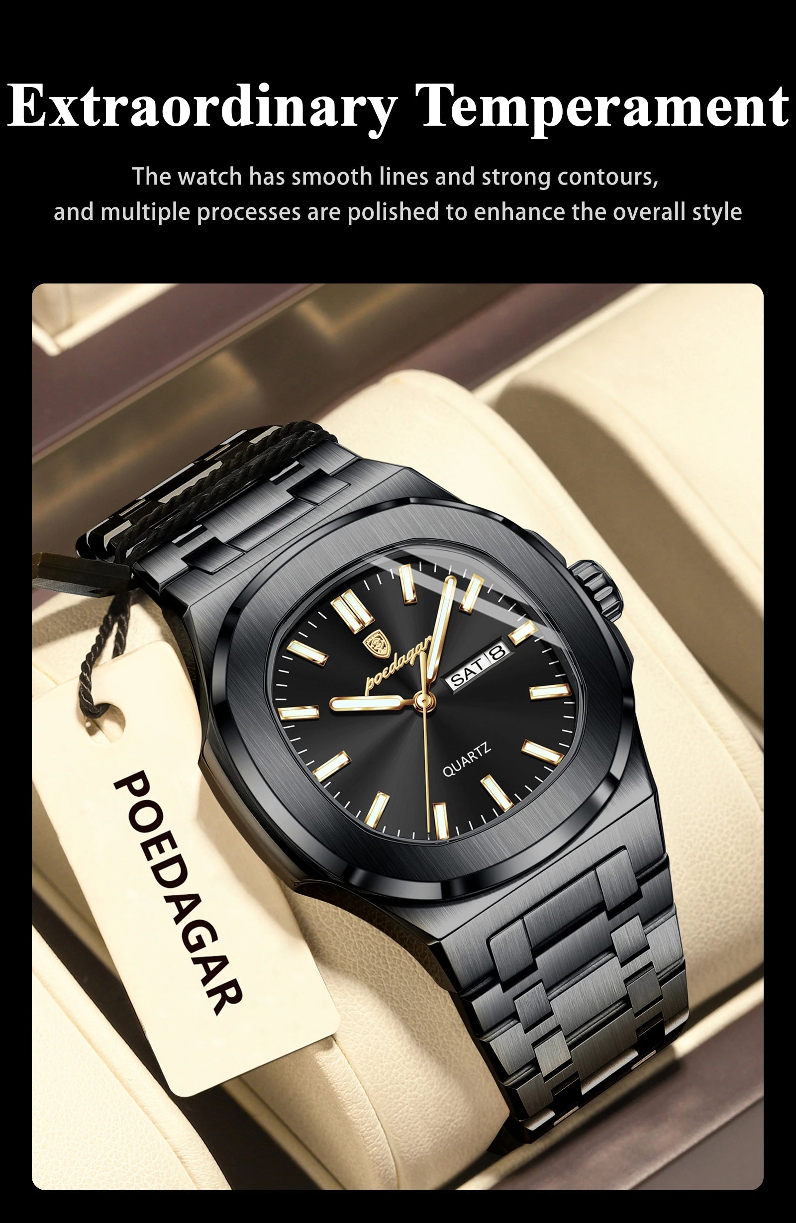 POEDAGAR Square Luxury Men's Wristwatch Luminous Waterproof Stainless Steel Male Clock Week Date Original Quartz Watches For Men Beauty World Shop