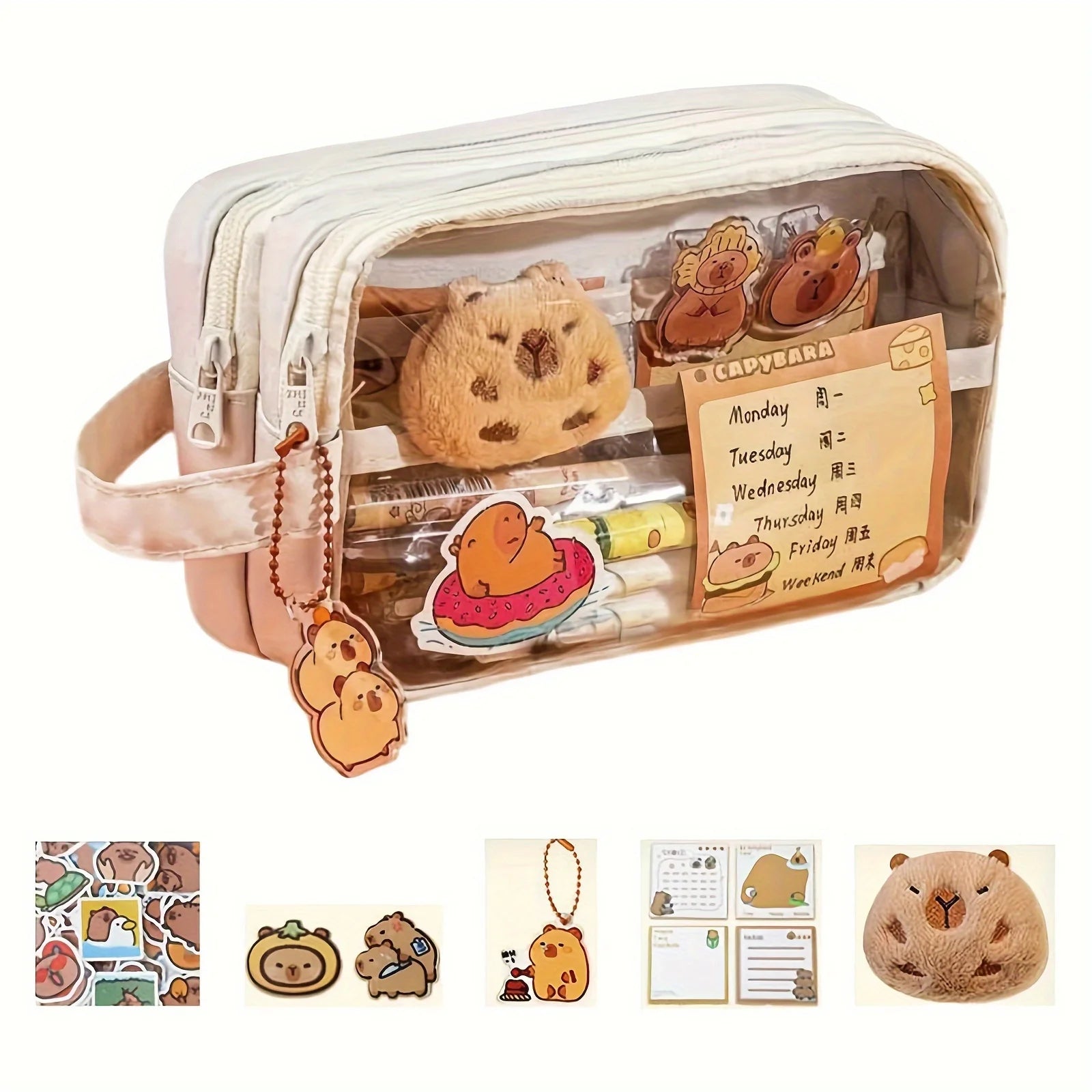 Cute Capybara Pencil Case with Lock - Aesthetic Kawaii Canvas Pouch, Clear School Supplies Organizer with Compartments, Includes Beauty World Shop