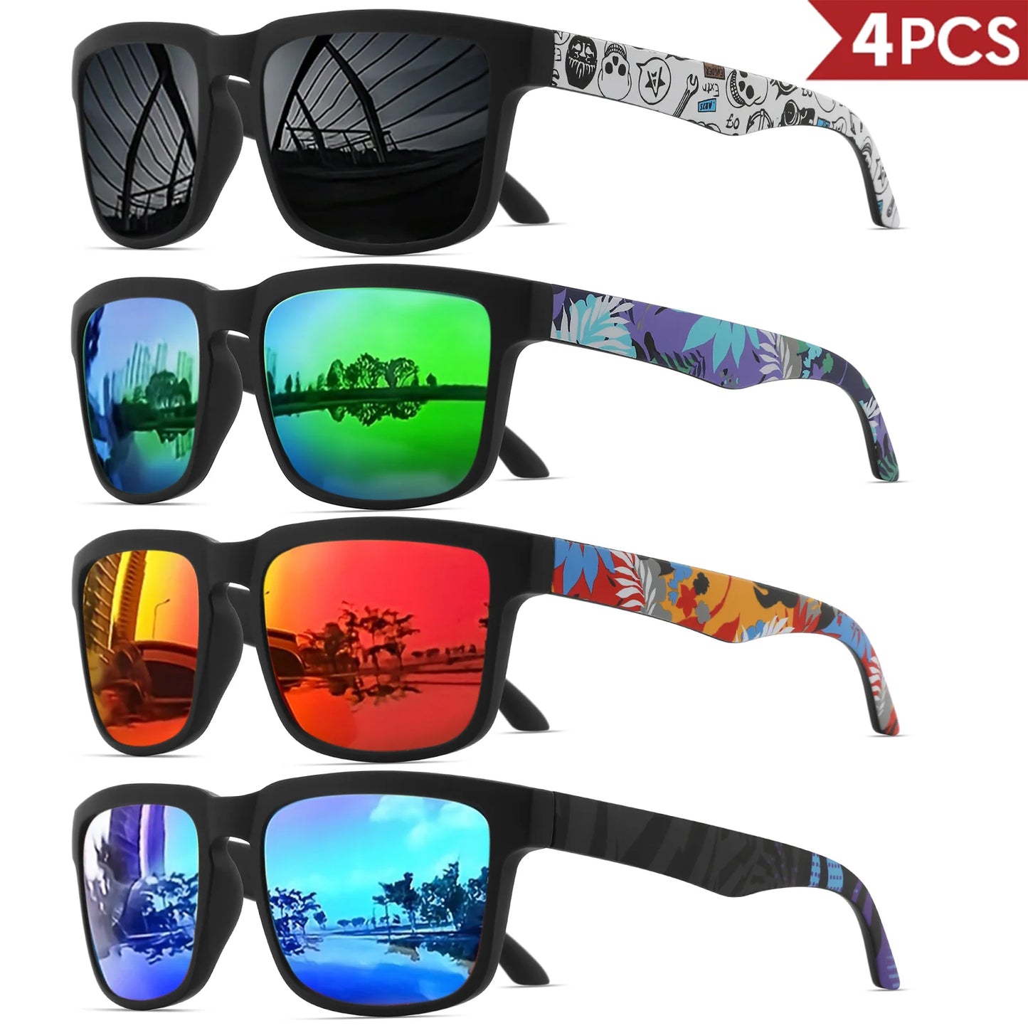 4PCS Square Sports Sunglasses with Designer Temple Pattern - UV400 for Men Women, Beach Vacation Beauty World Shop