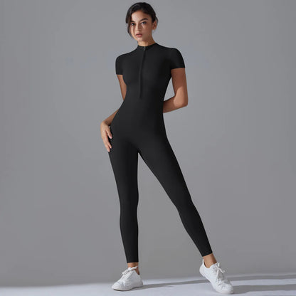 Naked zipper short sleeved yoga suit jumpsuit, quick drying breathable outdoor sports tight fitting jumpsuit, fitness suit Beauty World Shop