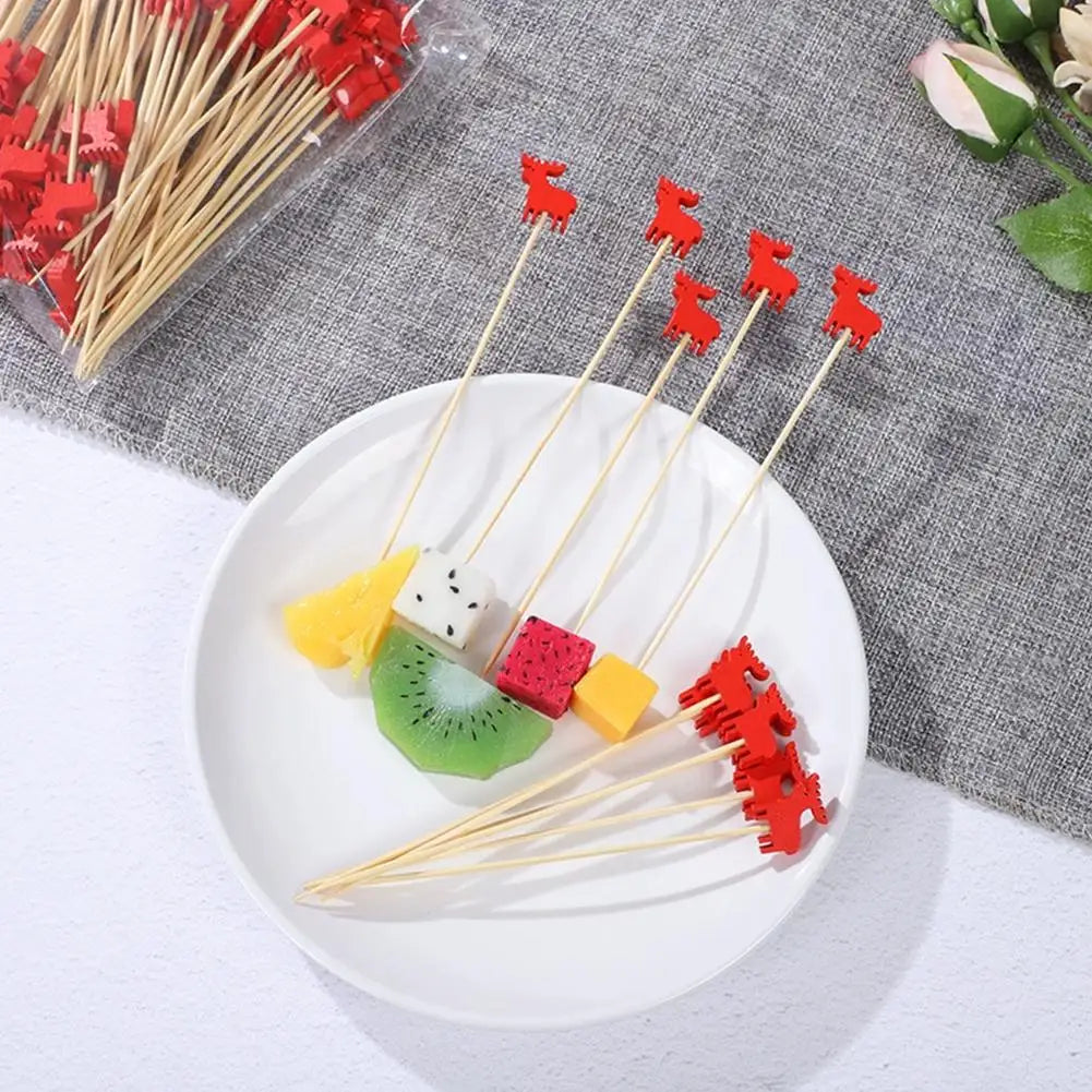 100Pcs Christmas Bamboo Skewer Cocktail Picks Cupcake Topper Disposable Food Dessert Toothpicks Fruit Sticks Party Supplies Beauty Trend Shop
