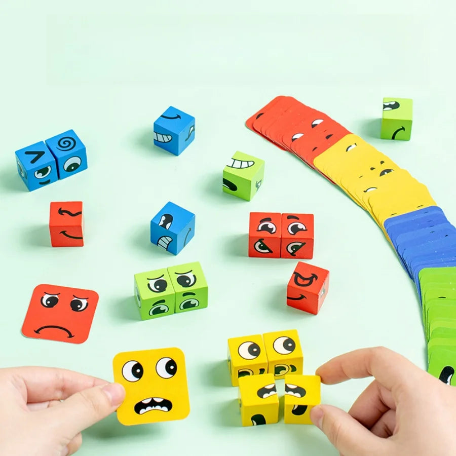 Kids Emotions Expression Game Wooden Cube Face Changing Board Cartoon Puzzle Toy Montessori Thinking Challenge Games Beauty Fashion