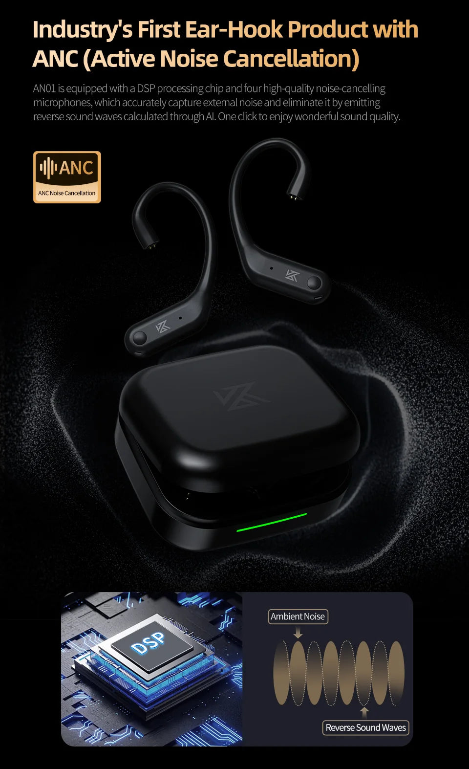 KZ AN01 Wireless Bluetooth 5.4 Cable Ear Hook With Charging Case For KZ Castor PRO PR2 PR3 ZSXPRO ZVXPRO Krila
