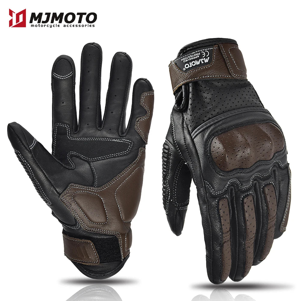 With CE Approved Summer Retro Perforated Leather Motorcycle Gloves Men Women Full Finger Motocross Dirt Biker Glove Guantes Moto Beauty World Shop