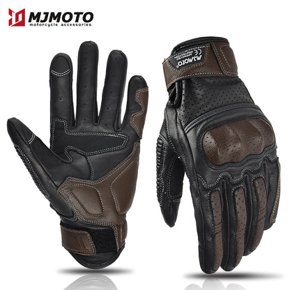 With CE Approved Summer Retro Perforated Leather Motorcycle Gloves Men Women Full Finger Motocross Dirt Biker Glove Guantes Moto Beauty World Shop
