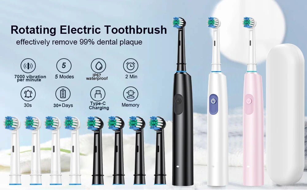 Electric Toothbrush Rotary Rechargeable Electric Toothbrush for Adults Rotating Electric Toothbrushes with 8 Soft Brush Heads Beauty World Shop