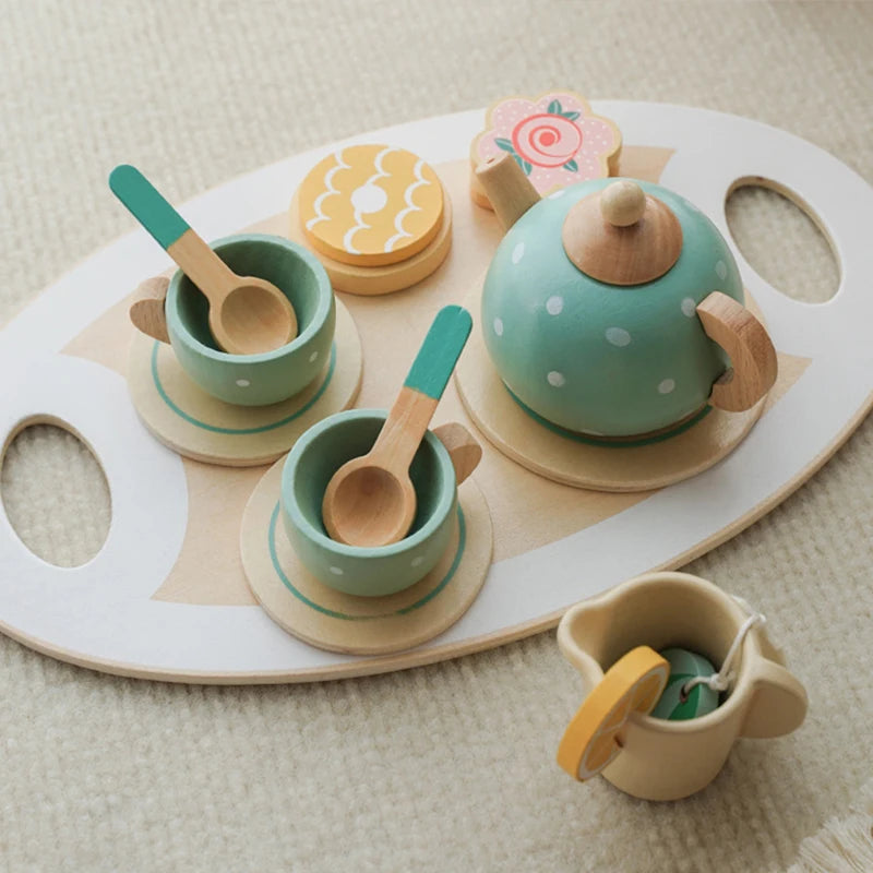 Kids Wooden Tea Set Play House Pretend Make Tea Play With Teapot Teacup Afternoon Snack Role Playing Toys Boys Girls Gift Beauty World Shop