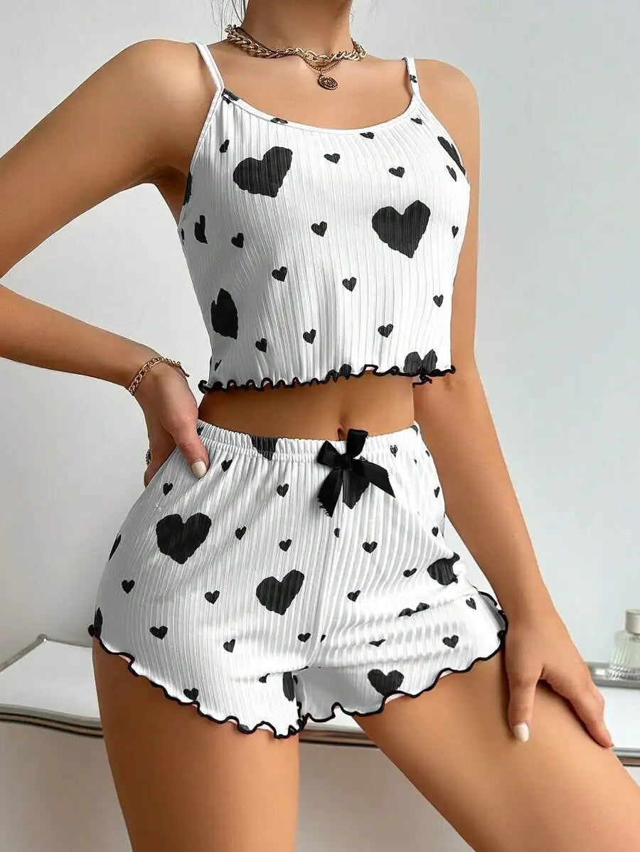 Women's Pajamas Set Sleepwear 2 PCS Short Tank Tops And Shorts S M L White Ventilate Soft Casual Love Printing Beauty World Shop