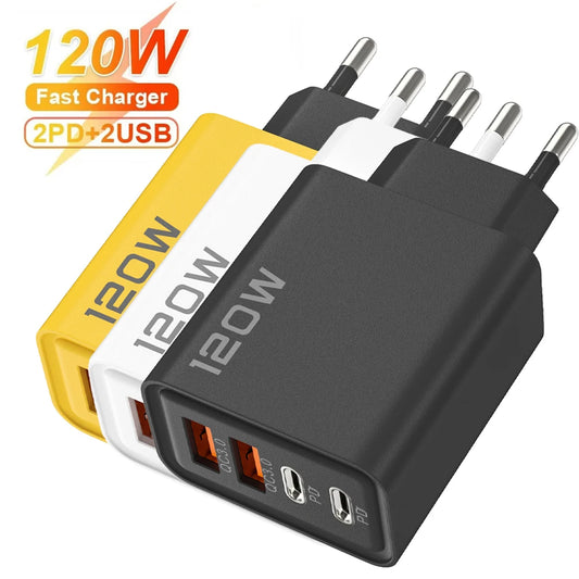 Quick Charge 3.0 Fast Charger Muti Total 120W 4 Port USB Type C PD Mobile Phone Wall Adapter for iPhone 16 Samsung S24 Xiaomi 15 Beauty World Shop