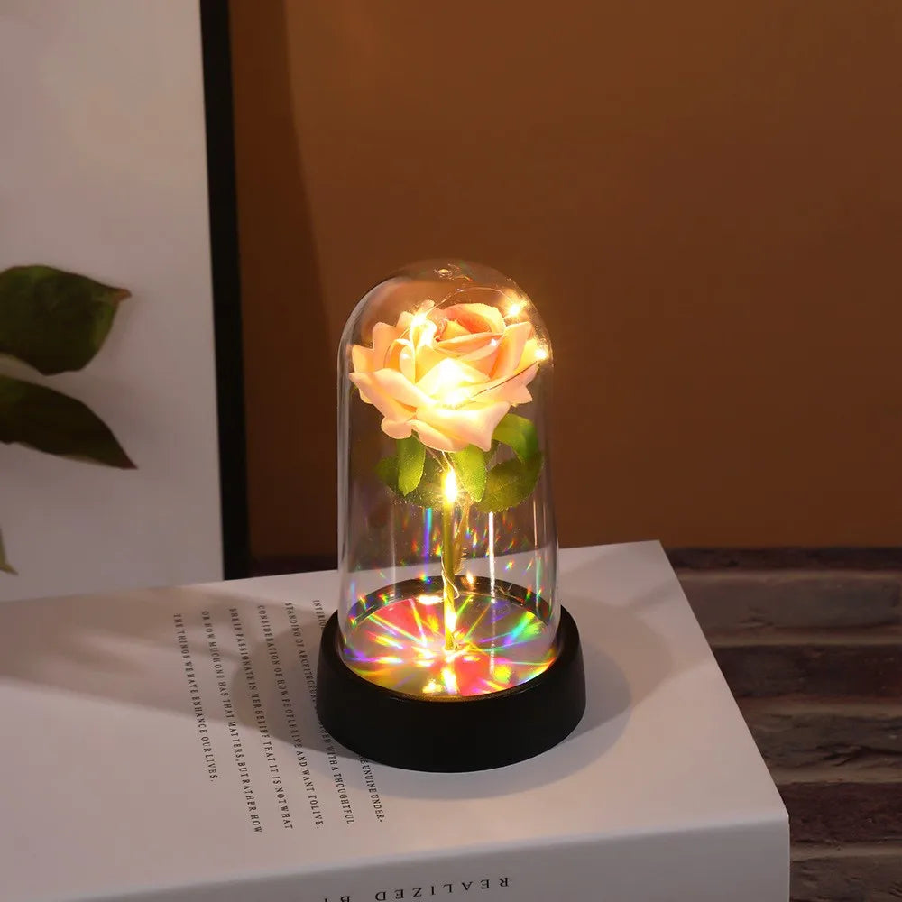 Artificial Flowers LED Red Rose Creative Valentine's Day Gift Rose in Glass Cover with Stand Light Up Rose Wedding Galaxy Rose Beauty World Shop