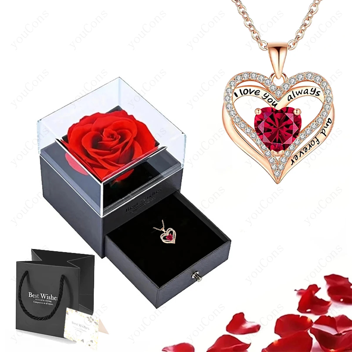 Luxury Red Zircon Pendant Necklaces With Rose Flower Gift Box For Girlfriend Women I Love You Gifts 2024 Trendy Wedding Jewelry Beauty World Shop