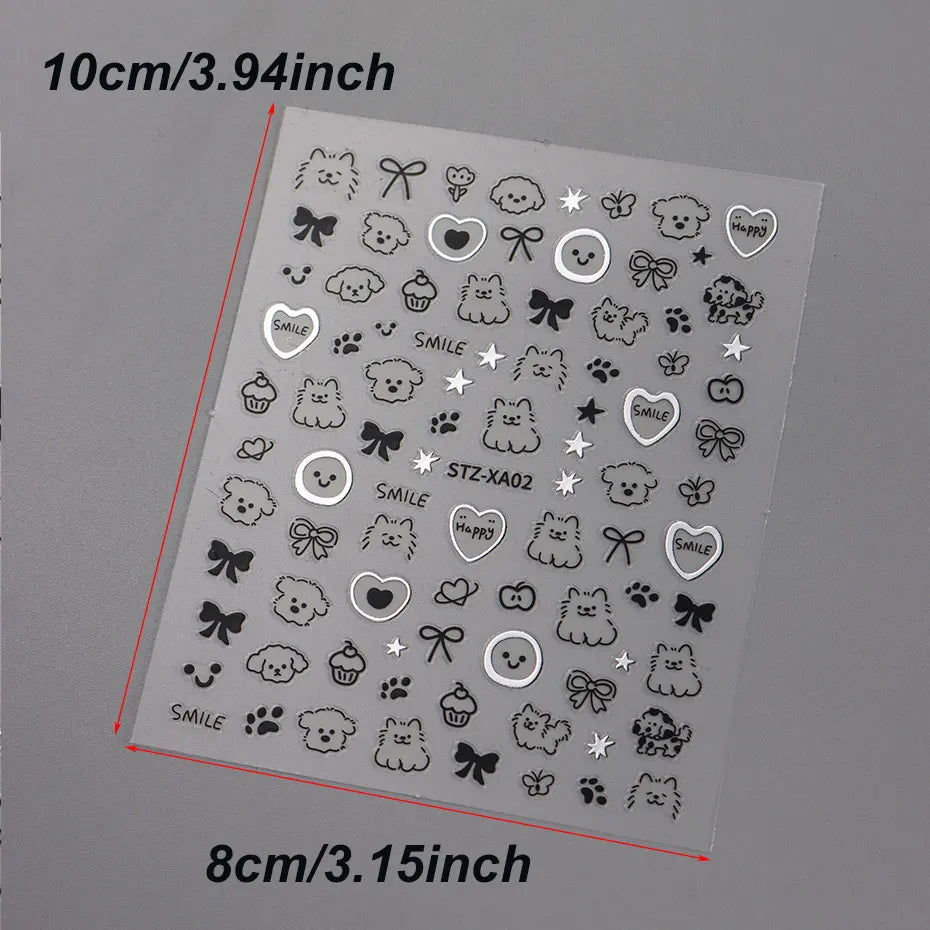 2pcs 3D Cute Silver Smile Dog Decals Y2K Cartoon Cat Footprint Nail Stickers Graffiti Star Heart Bowknot Manicure Slider Decor Beauty World Shop