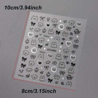 2pcs 3D Cute Silver Smile Dog Decals Y2K Cartoon Cat Footprint Nail Stickers Graffiti Star Heart Bowknot Manicure Slider Decor Beauty World Shop